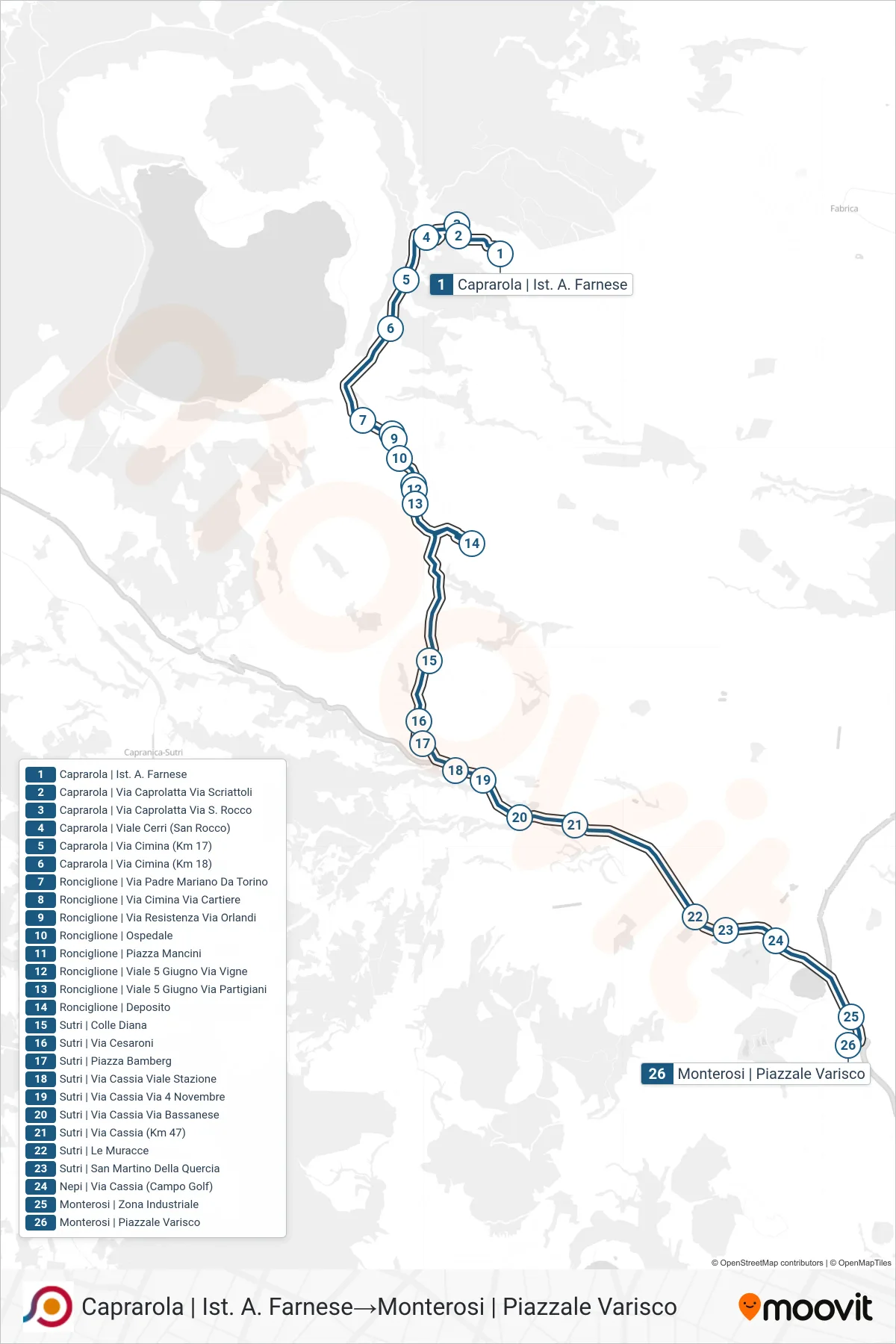 Linea COTRAL bus (Caprarola | Ist. A. Farnese→Monterosi | Piazzale Varisco) - Percorsi e fermate sulla mappa