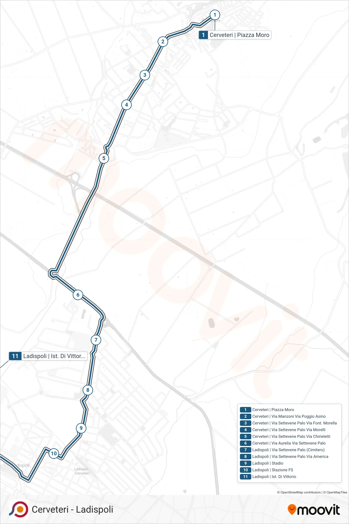 Linea COTRAL bus (Cerveteri | Piazza Moro→Ladispoli | Ist. Di Vittorio) - Percorsi e fermate sulla mappa