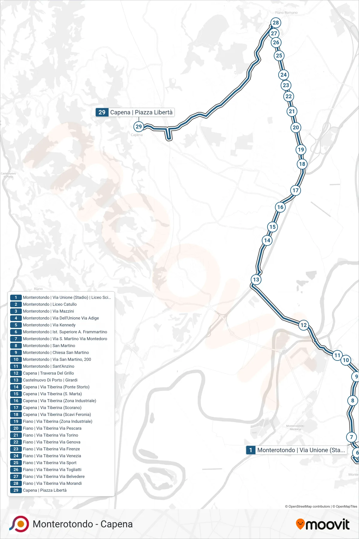 Linea COTRAL bus (Monterotondo | Via Unione (Stadio) | Liceo Scientifico G.Peano→Capena | Piazza Libertà) - Percorsi e fermate sulla mappa