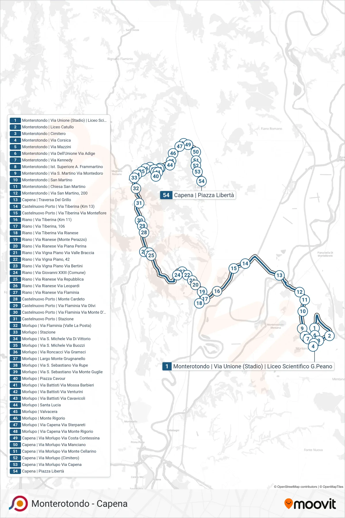 Linea COTRAL bus (Monterotondo | Via Unione (Stadio) | Liceo Scientifico G.Peano→Capena | Piazza Libertà) - Percorsi e fermate sulla mappa