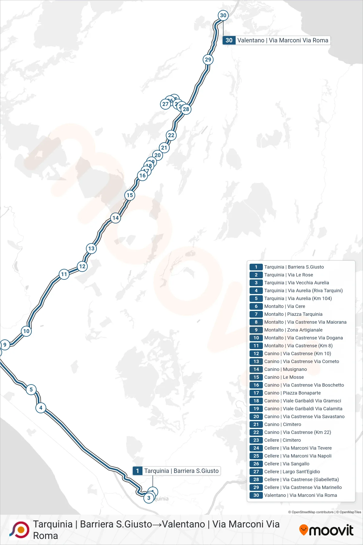 Linea COTRAL bus (Tarquinia | Barriera S.Giusto→Valentano | Via Marconi Via Roma) - Percorsi e fermate sulla mappa
