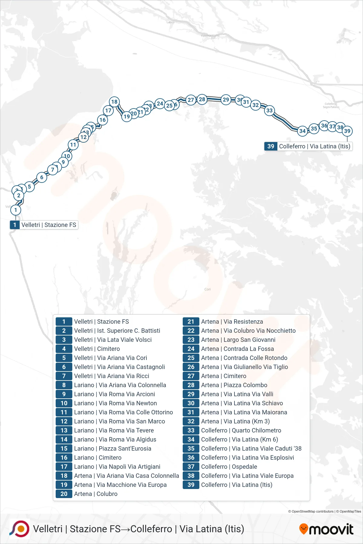 Linea COTRAL bus (Velletri | Stazione FS→Colleferro | Via Latina (Itis)) - Percorsi e fermate sulla mappa