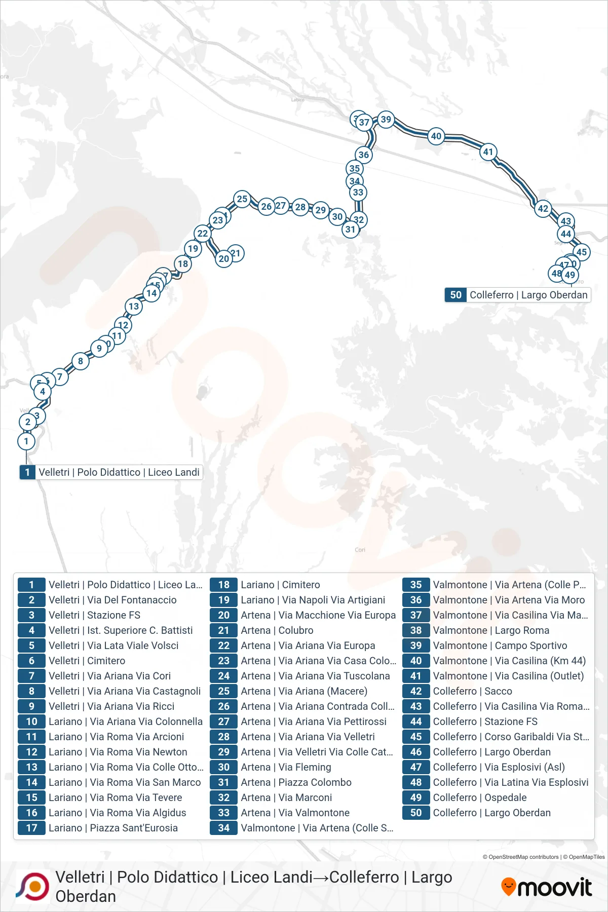 Linea COTRAL bus (Velletri | Polo Didattico | Liceo Landi→Colleferro | Largo Oberdan) - Percorsi e fermate sulla mappa