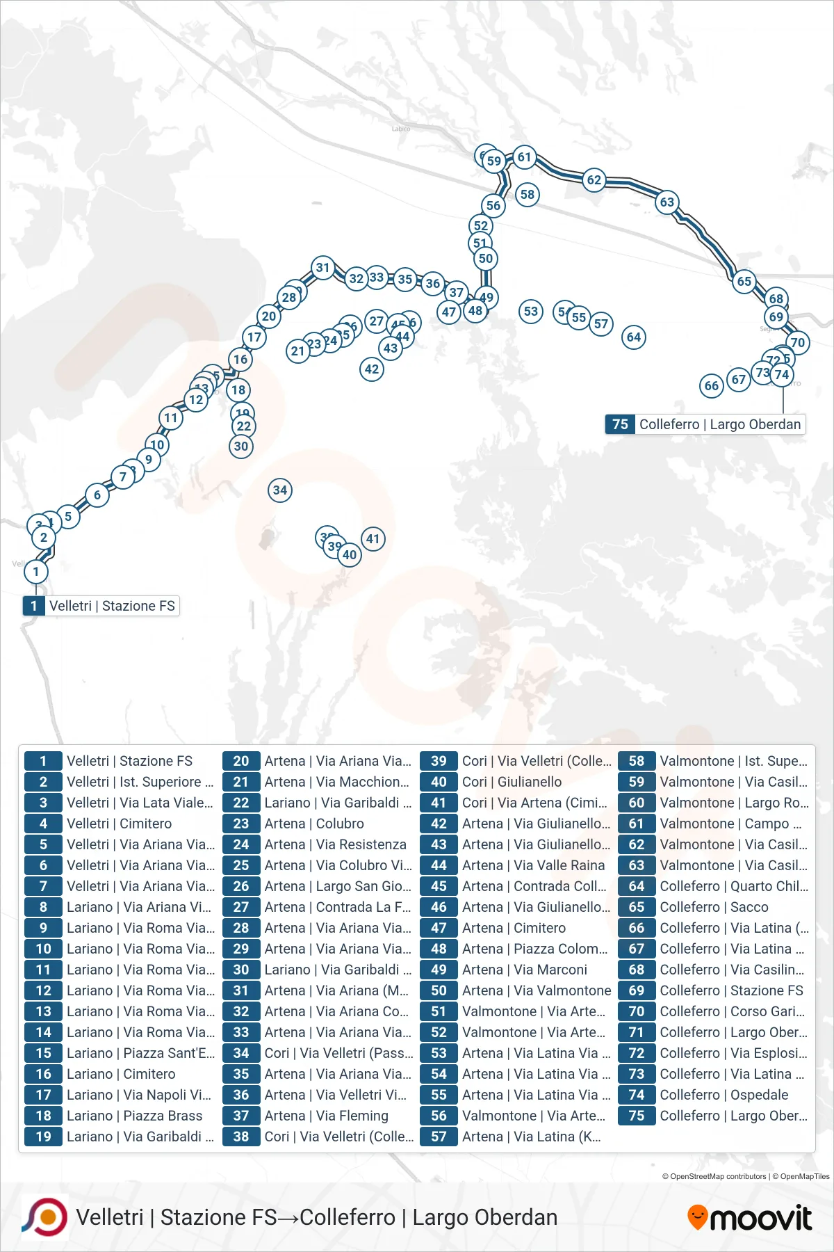 Linea COTRAL bus (Velletri | Stazione FS→Colleferro | Largo Oberdan) - Percorsi e fermate sulla mappa