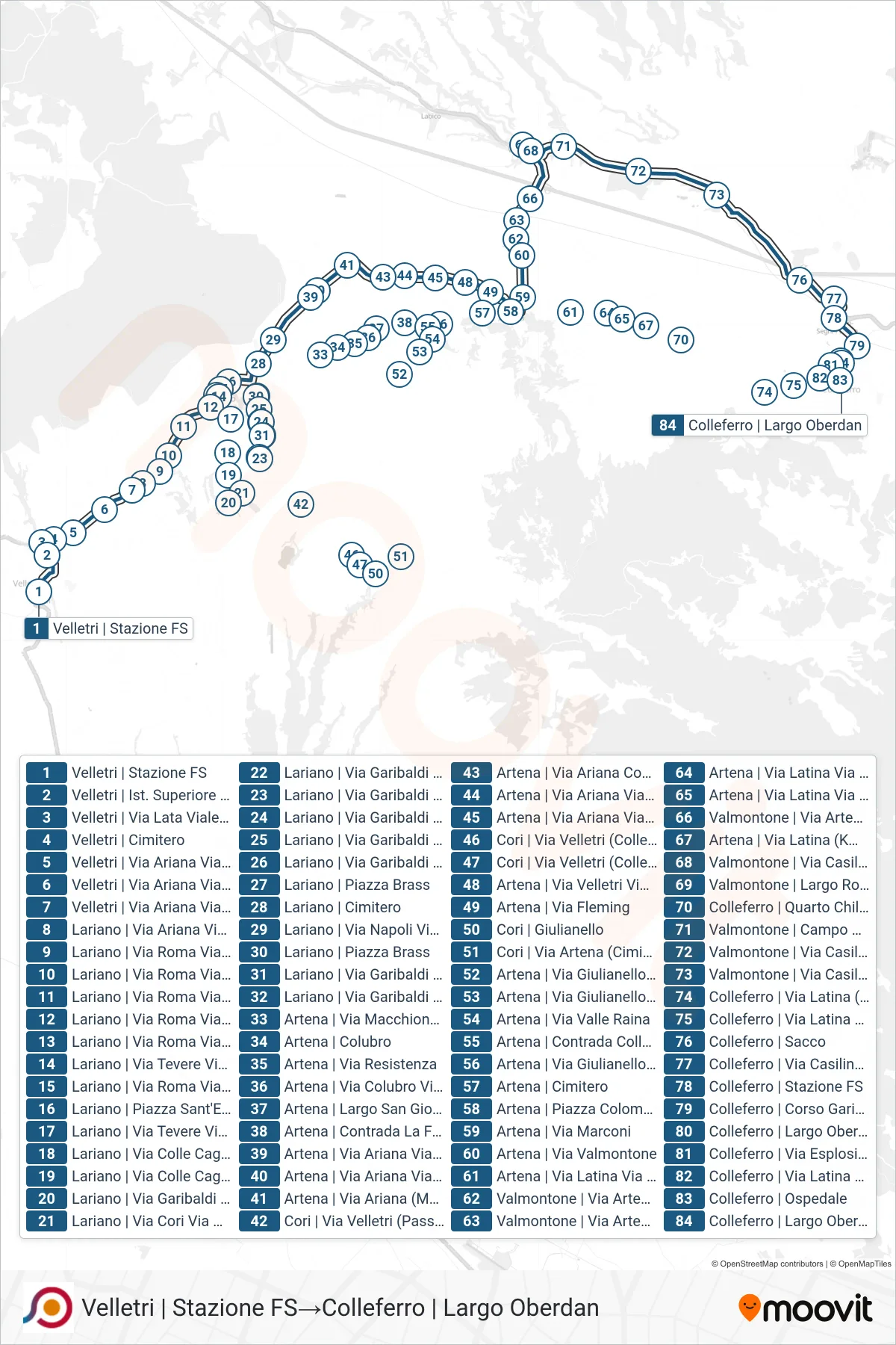 Linea COTRAL bus (Velletri | Stazione FS→Colleferro | Largo Oberdan) - Percorsi e fermate sulla mappa