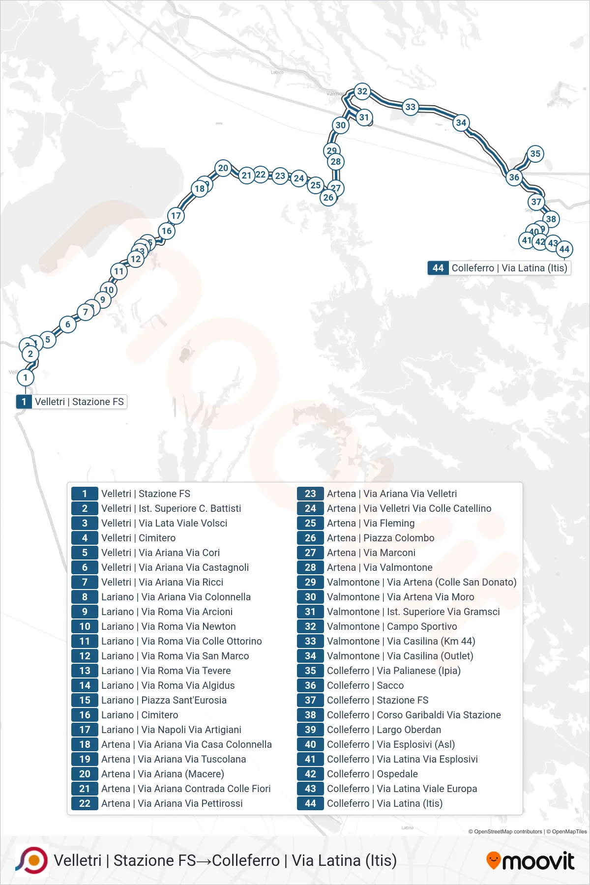 Linea COTRAL bus (Velletri | Stazione FS→Colleferro | Via Latina (Itis)) - Percorsi e fermate sulla mappa