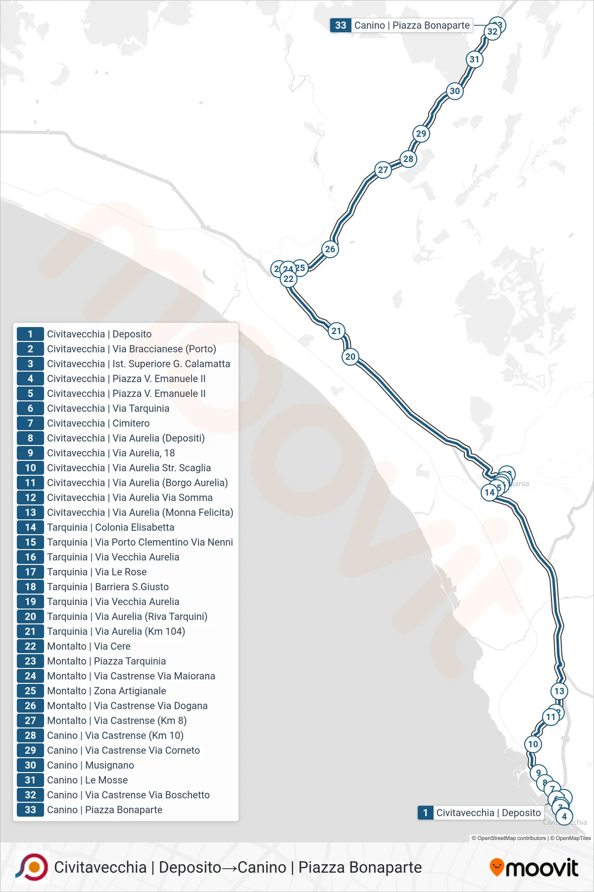 Linea COTRAL bus (Civitavecchia | Deposito→Canino | Piazza Bonaparte) - Percorsi e fermate sulla mappa