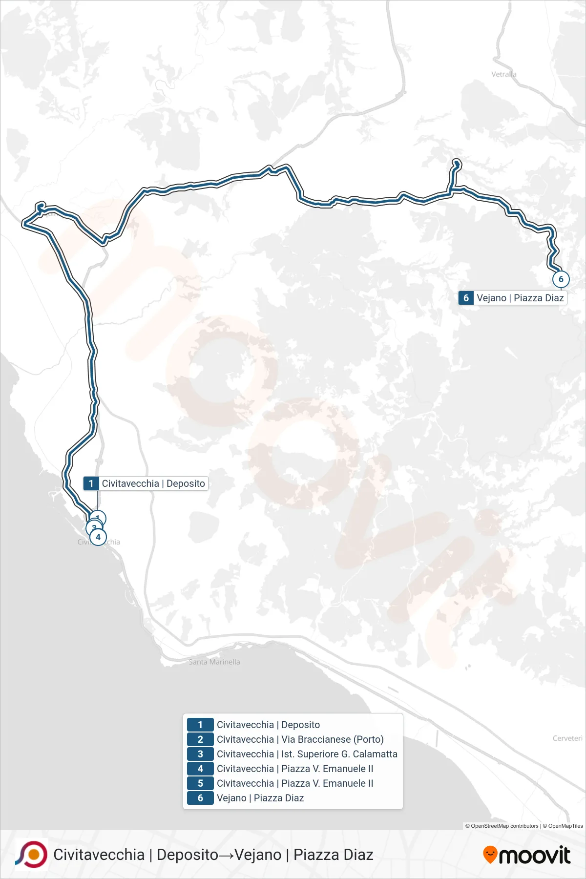 Linea COTRAL bus (Civitavecchia | Deposito→Vejano | Piazza Diaz) - Percorsi e fermate sulla mappa