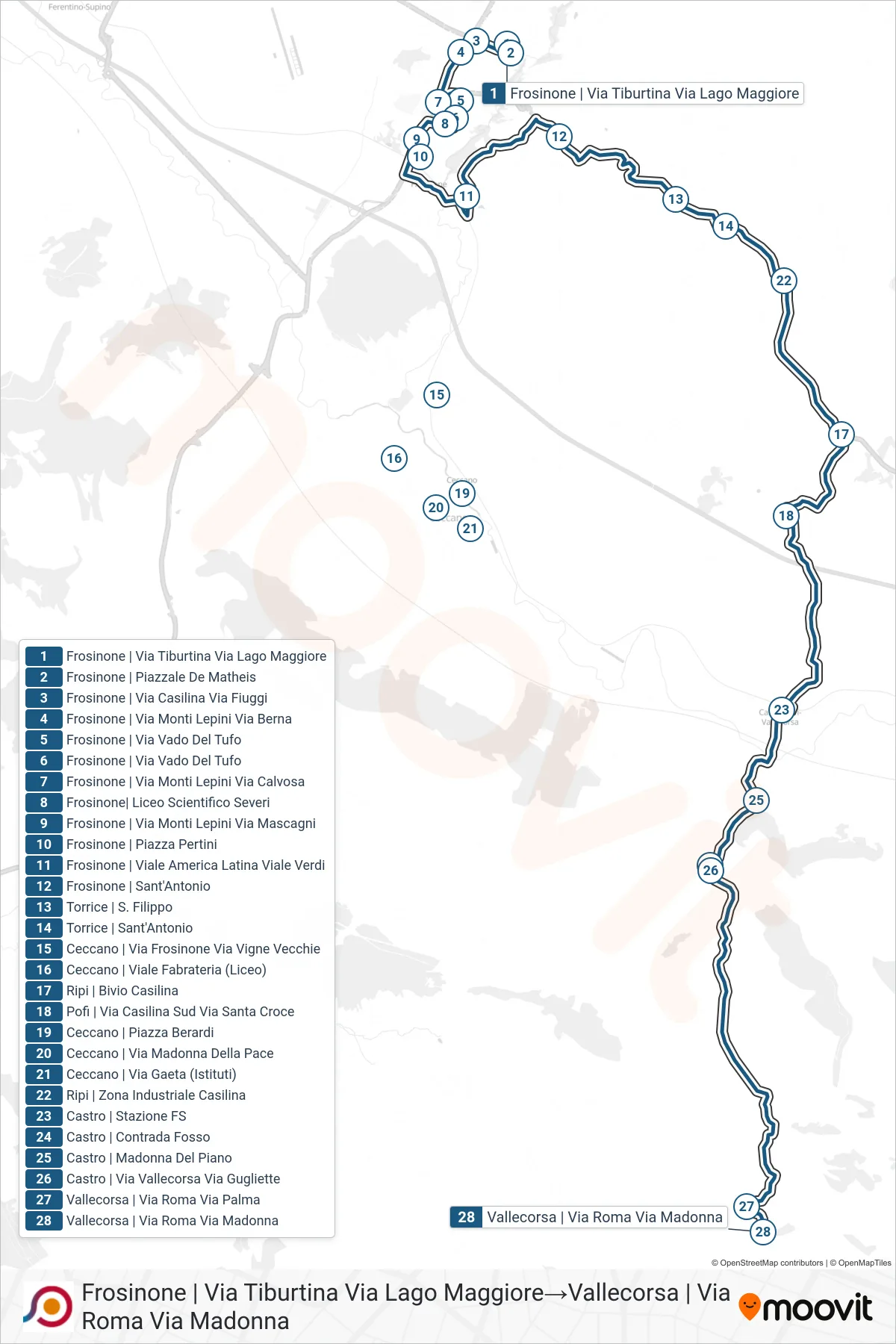 Linea COTRAL bus (Frosinone | Via Tiburtina Via Lago Maggiore→Vallecorsa | Via Roma Via Madonna) - Percorsi e fermate sulla mappa