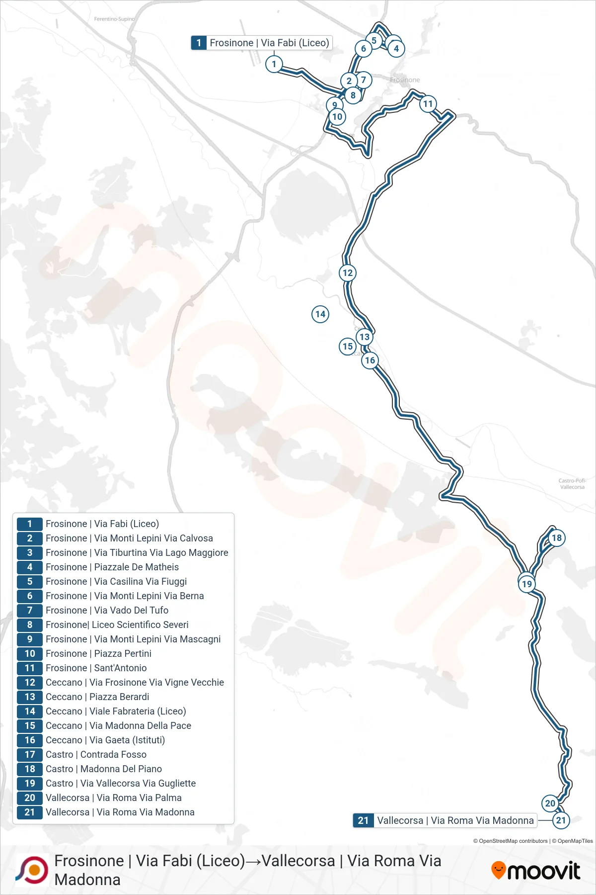 Linea COTRAL bus (Frosinone | Via Fabi (Liceo)→Vallecorsa | Via Roma Via Madonna) - Percorsi e fermate sulla mappa