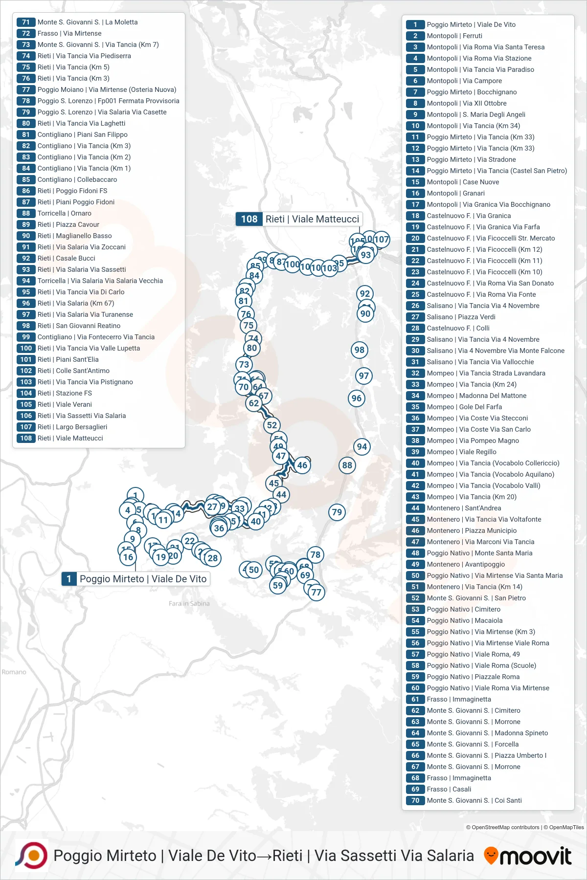 Linea COTRAL bus (Poggio Mirteto | Viale De Vito→Rieti | Via Sassetti Via Salaria) - Percorsi e fermate sulla mappa