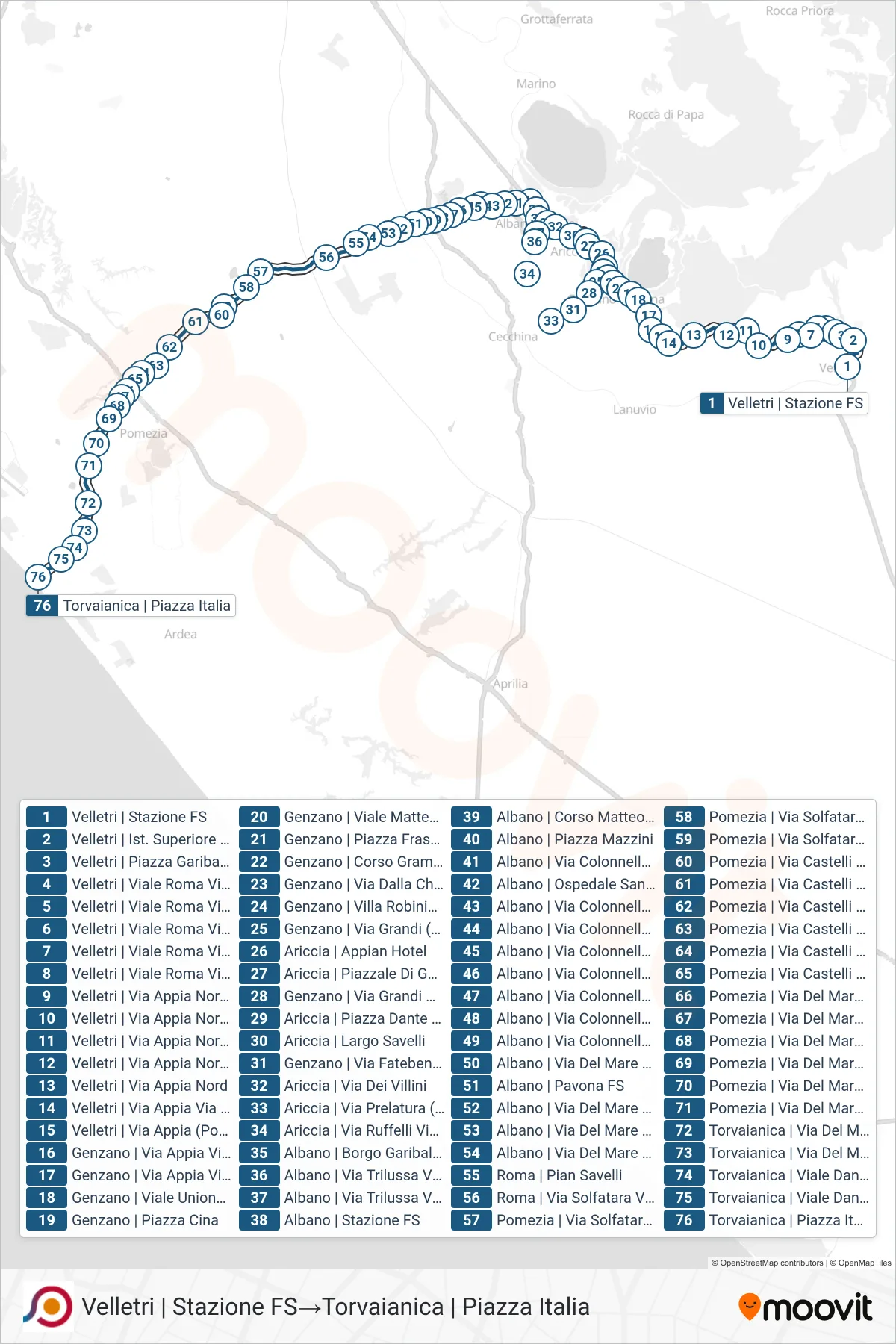 Linea COTRAL bus (Velletri | Stazione FS→Torvaianica | Piazza Italia) - Percorsi e fermate sulla mappa