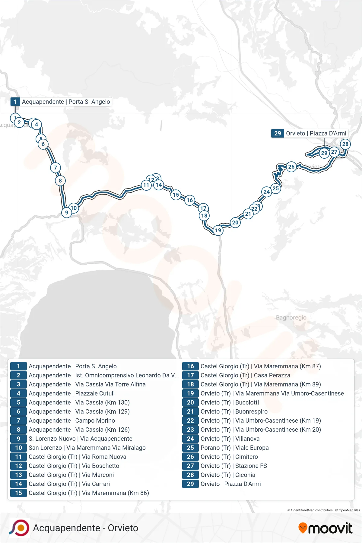 Linea COTRAL bus (Acquapendente | Porta S. Angelo→Orvieto | Piazza D'Armi) - Percorsi e fermate sulla mappa