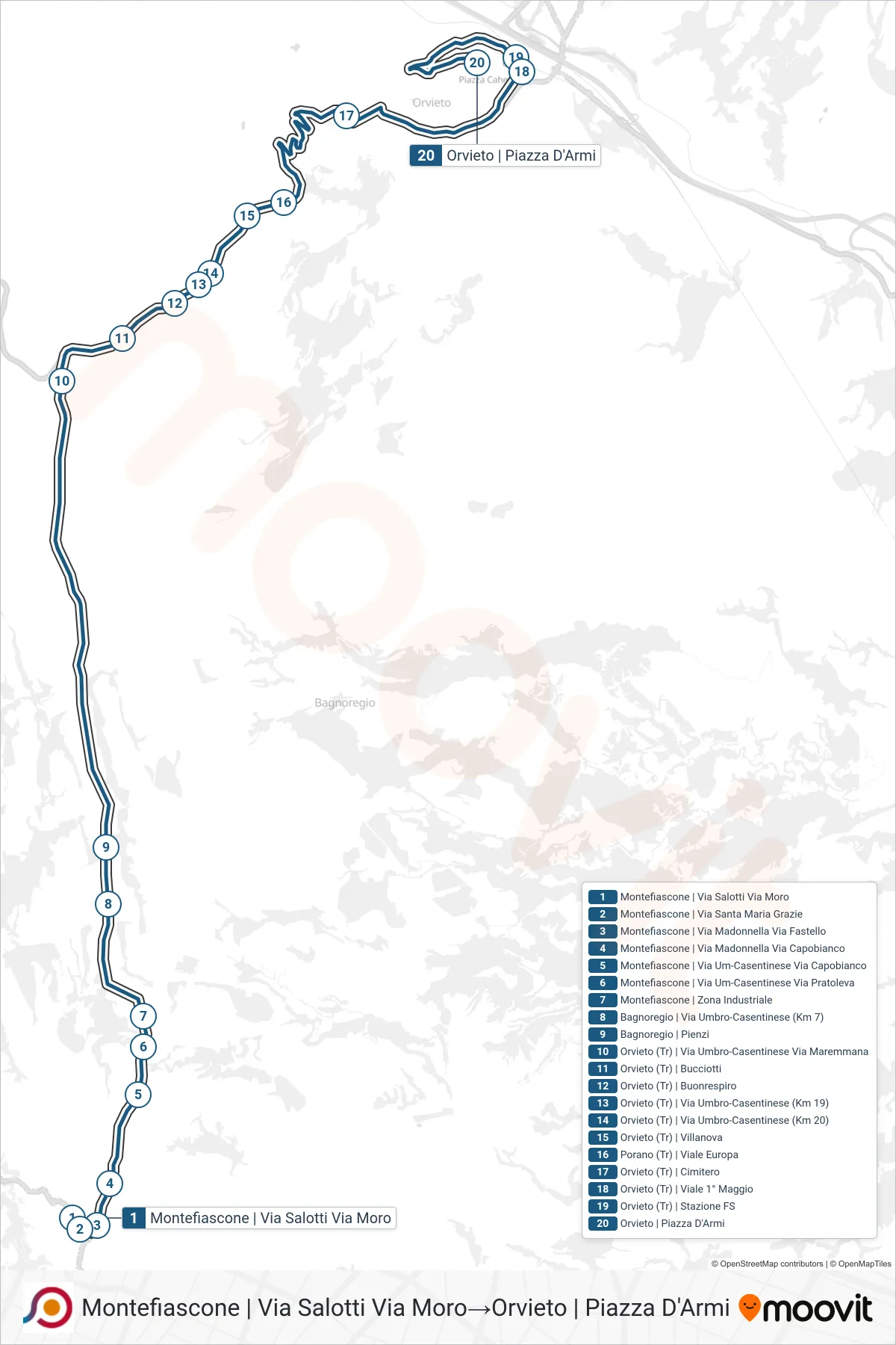 Linea COTRAL bus (Montefiascone | Via Salotti Via Moro→Orvieto | Piazza D'Armi) - Percorsi e fermate sulla mappa