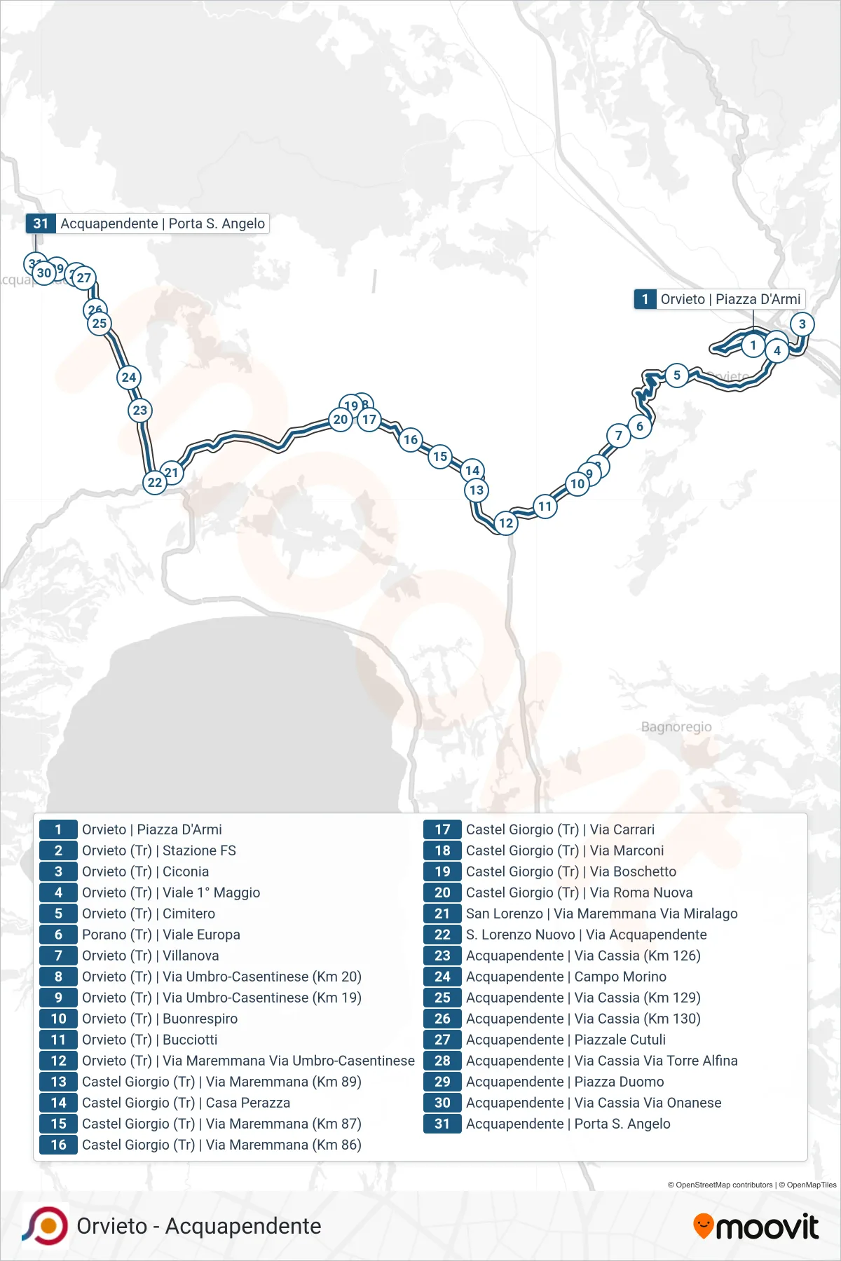 Linea COTRAL bus (Orvieto | Piazza D'Armi→Acquapendente | Porta S. Angelo) - Percorsi e fermate sulla mappa