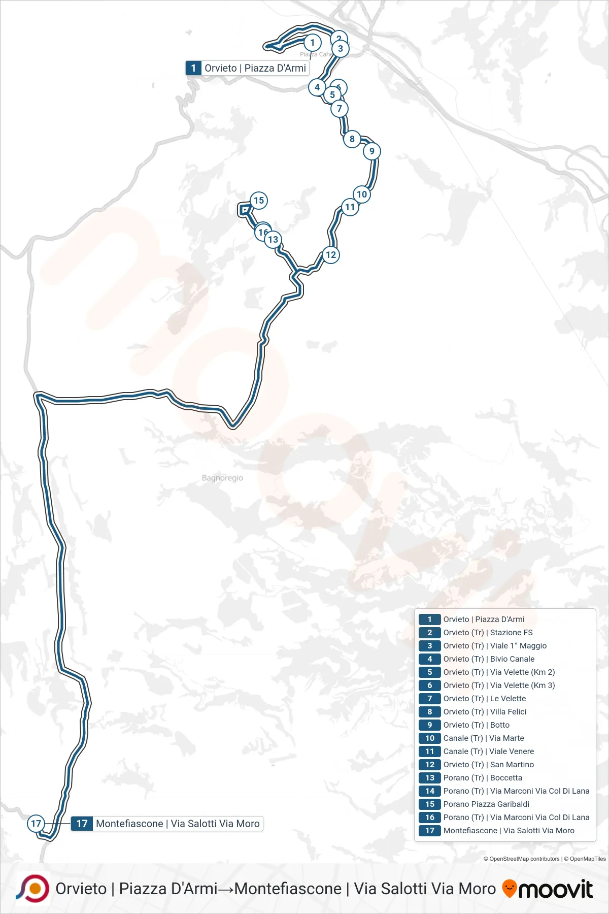 Linea COTRAL bus (Orvieto | Piazza D'Armi→Montefiascone | Via Salotti Via Moro) - Percorsi e fermate sulla mappa