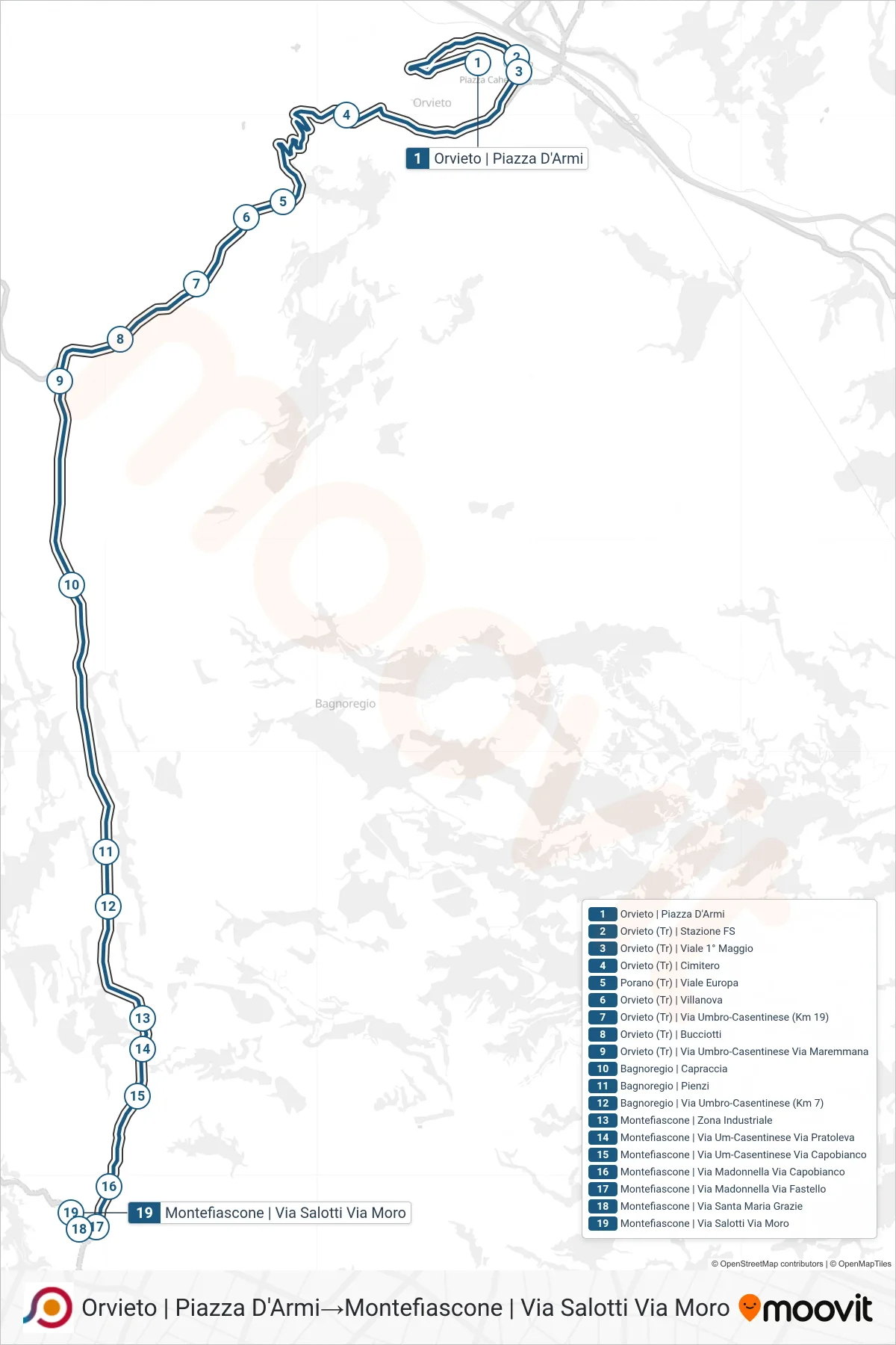 Linea COTRAL bus (Orvieto | Piazza D'Armi→Montefiascone | Via Salotti Via Moro) - Percorsi e fermate sulla mappa