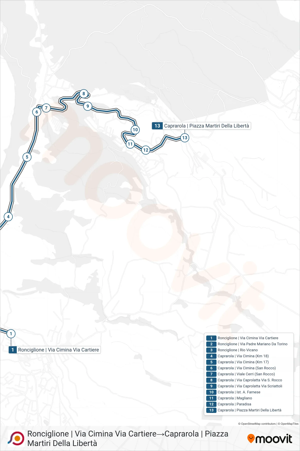 Linea COTRAL bus (Ronciglione | Via Cimina Via Cartiere→Caprarola | Piazza Martiri Della Libertà) - Percorsi e fermate sulla mappa