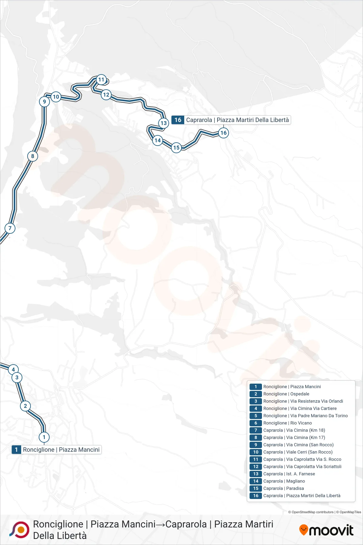 Linea COTRAL bus (Ronciglione | Piazza Mancini→Caprarola | Piazza Martiri Della Libertà) - Percorsi e fermate sulla mappa