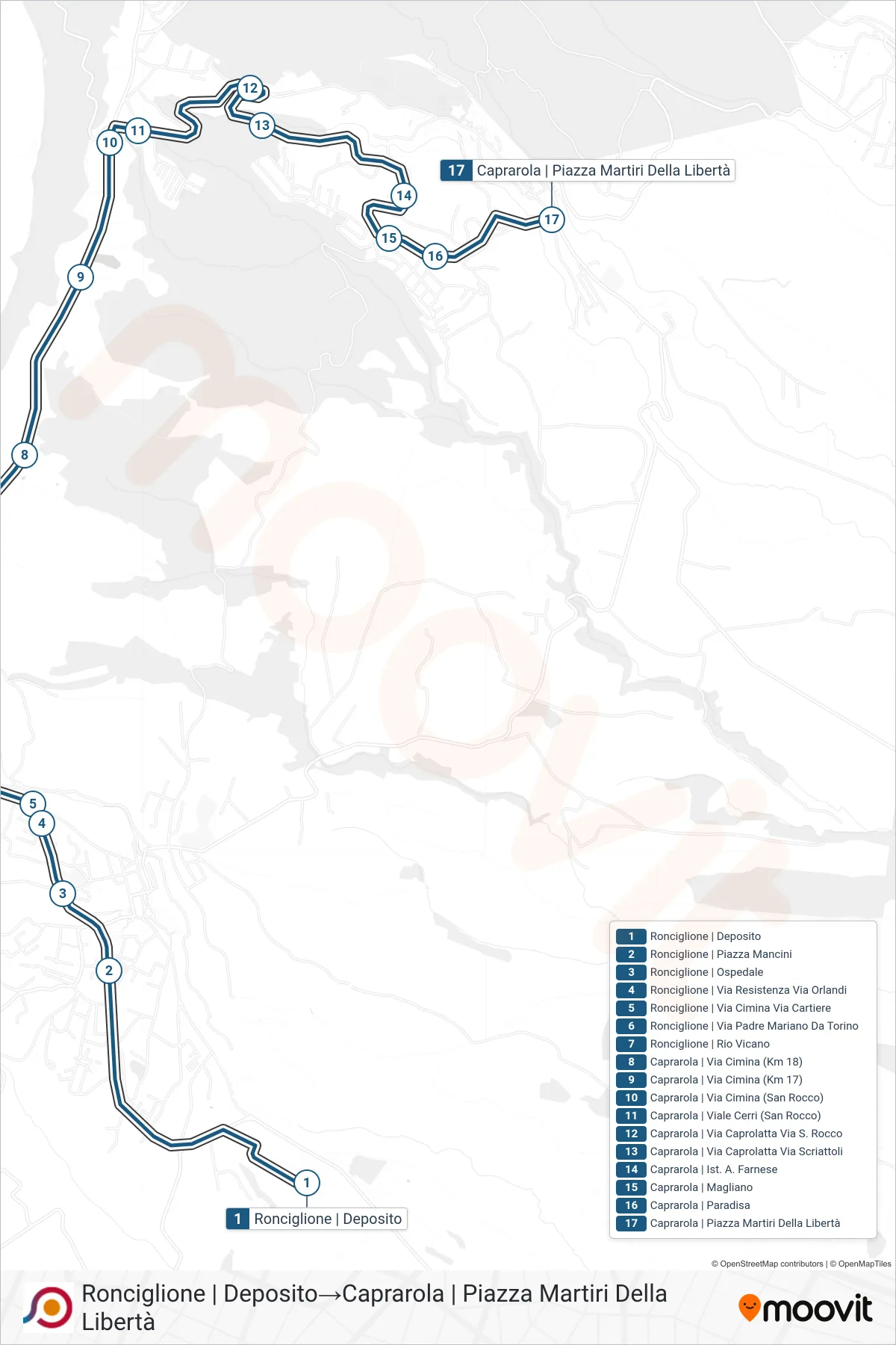 Linea COTRAL bus (Ronciglione | Deposito→Caprarola | Piazza Martiri Della Libertà) - Percorsi e fermate sulla mappa