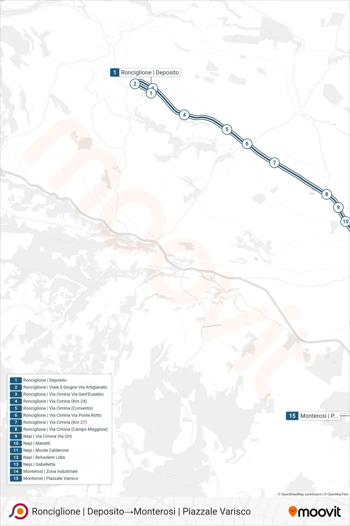 Linea COTRAL bus (Ronciglione | Deposito→Monterosi | Piazzale Varisco) - Percorsi e fermate sulla mappa