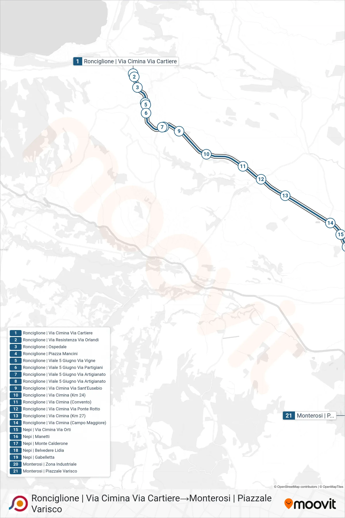 Linea COTRAL bus (Ronciglione | Via Cimina Via Cartiere→Monterosi | Piazzale Varisco) - Percorsi e fermate sulla mappa