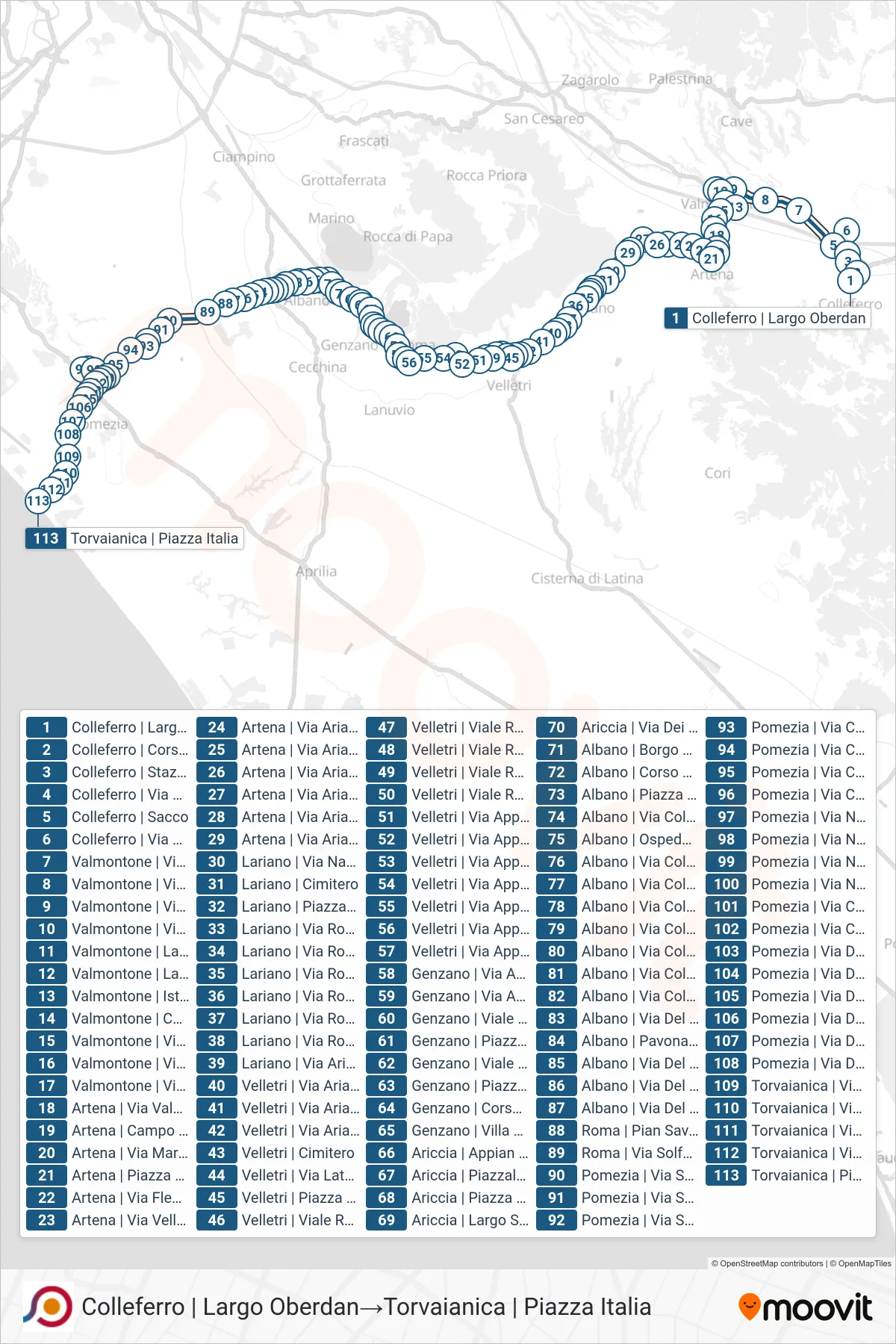Linea COTRAL bus (Colleferro | Largo Oberdan→Torvaianica | Piazza Italia) - Percorsi e fermate sulla mappa