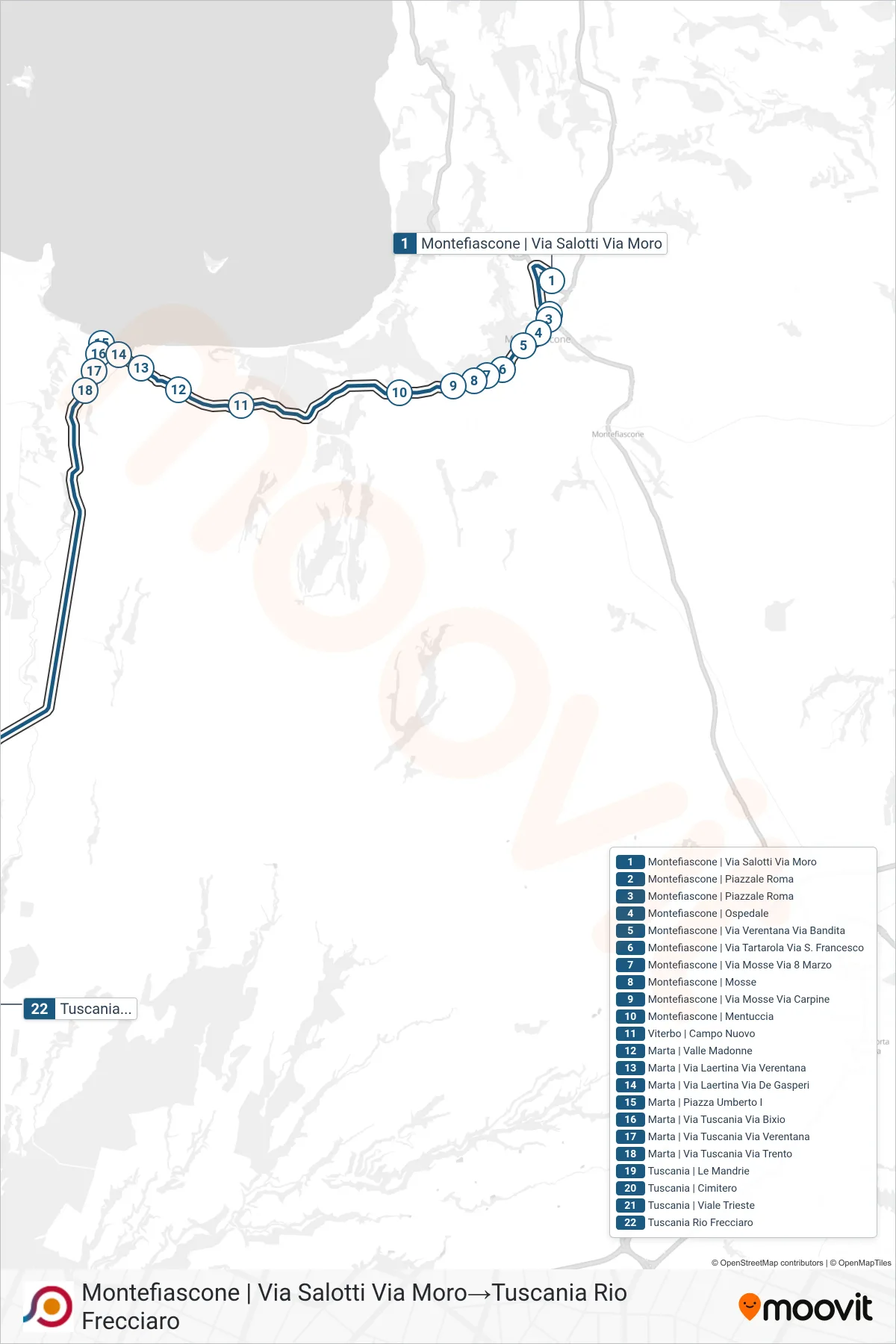 Linea COTRAL bus (Montefiascone | Via Salotti Via Moro→Tuscania Rio Frecciaro) - Percorsi e fermate sulla mappa
