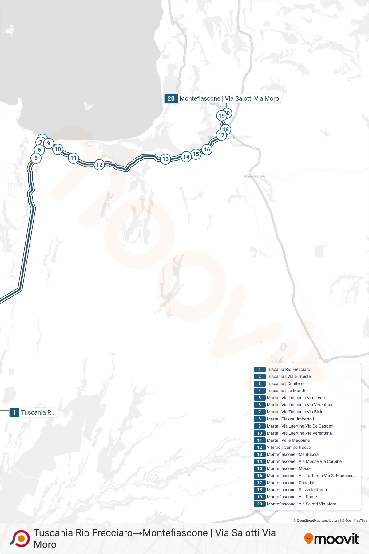 Linea COTRAL bus (Tuscania Rio Frecciaro→Montefiascone | Via Salotti Via Moro) - Percorsi e fermate sulla mappa