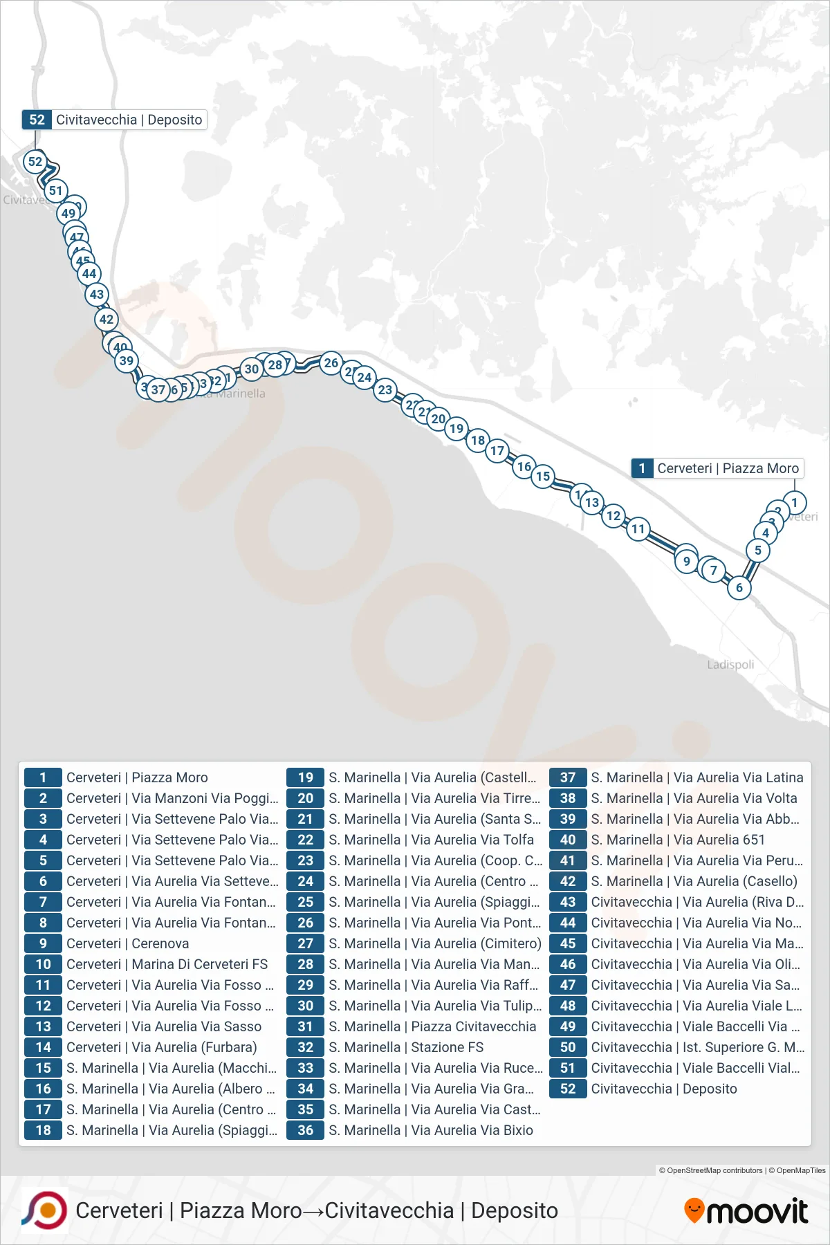 Linea COTRAL bus (Cerveteri | Piazza Moro→Civitavecchia | Deposito) - Percorsi e fermate sulla mappa