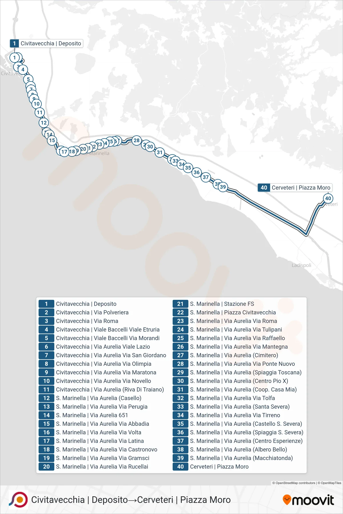 Linea COTRAL bus (Civitavecchia | Deposito→Cerveteri | Piazza Moro) - Percorsi e fermate sulla mappa