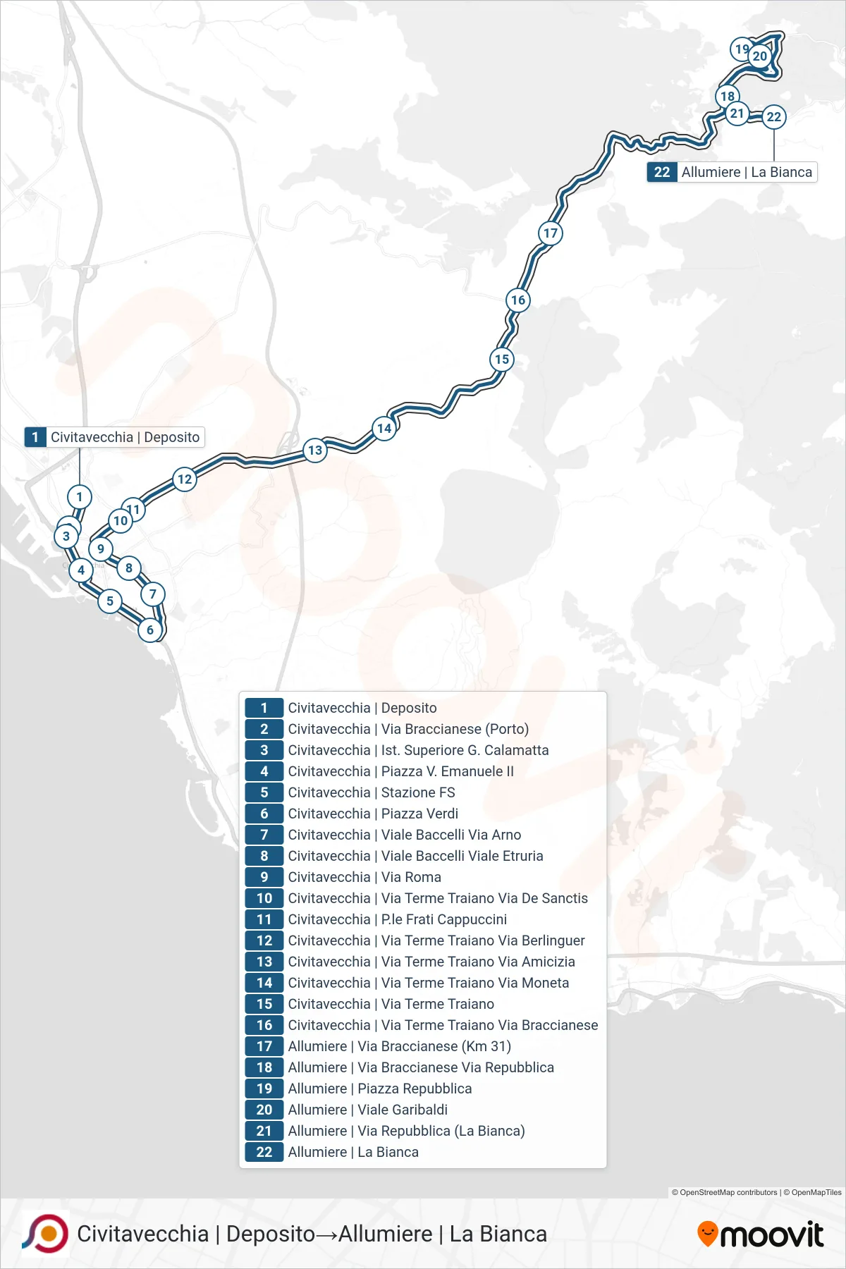 Linea COTRAL bus (Civitavecchia | Deposito→Allumiere | La Bianca) - Percorsi e fermate sulla mappa