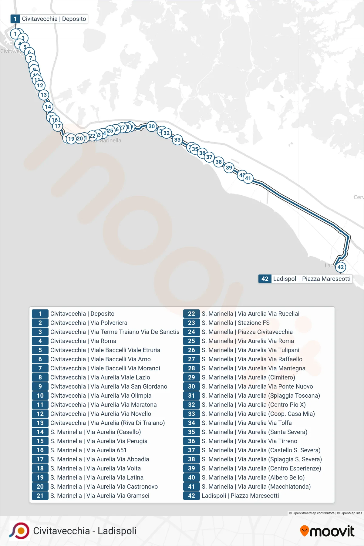 Linea COTRAL bus (Civitavecchia | Deposito→Ladispoli | Piazza Marescotti) - Percorsi e fermate sulla mappa