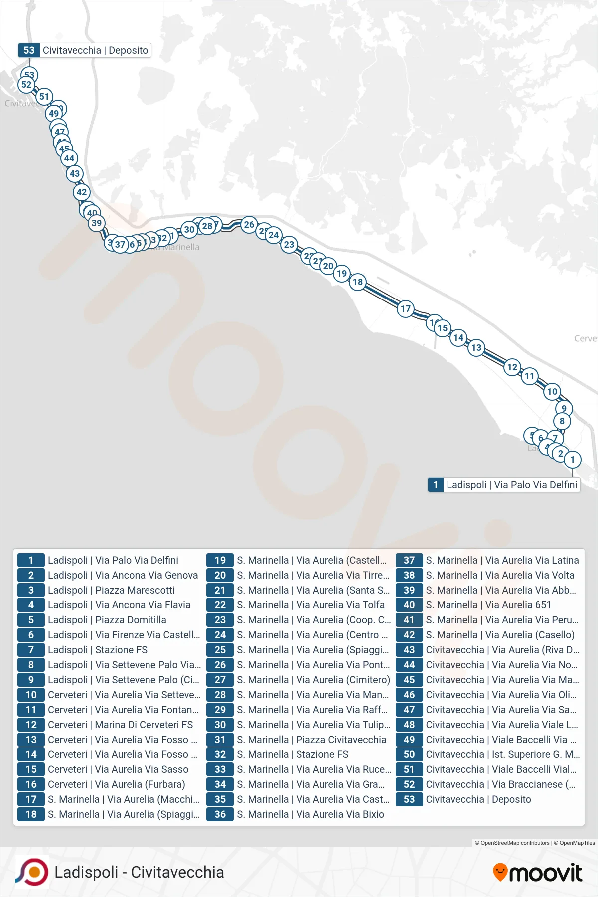 Linea COTRAL bus (Ladispoli | Via Palo Via Delfini→Civitavecchia | Deposito) - Percorsi e fermate sulla mappa