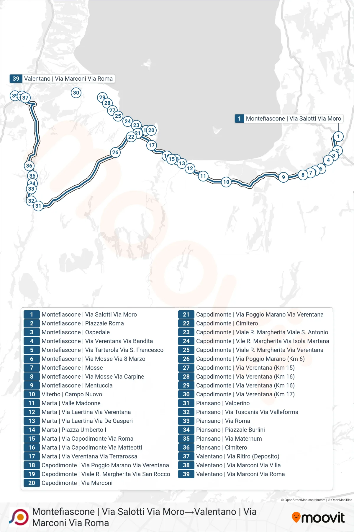 Linea COTRAL bus (Montefiascone | Via Salotti Via Moro→Valentano | Via Marconi Via Roma) - Percorsi e fermate sulla mappa