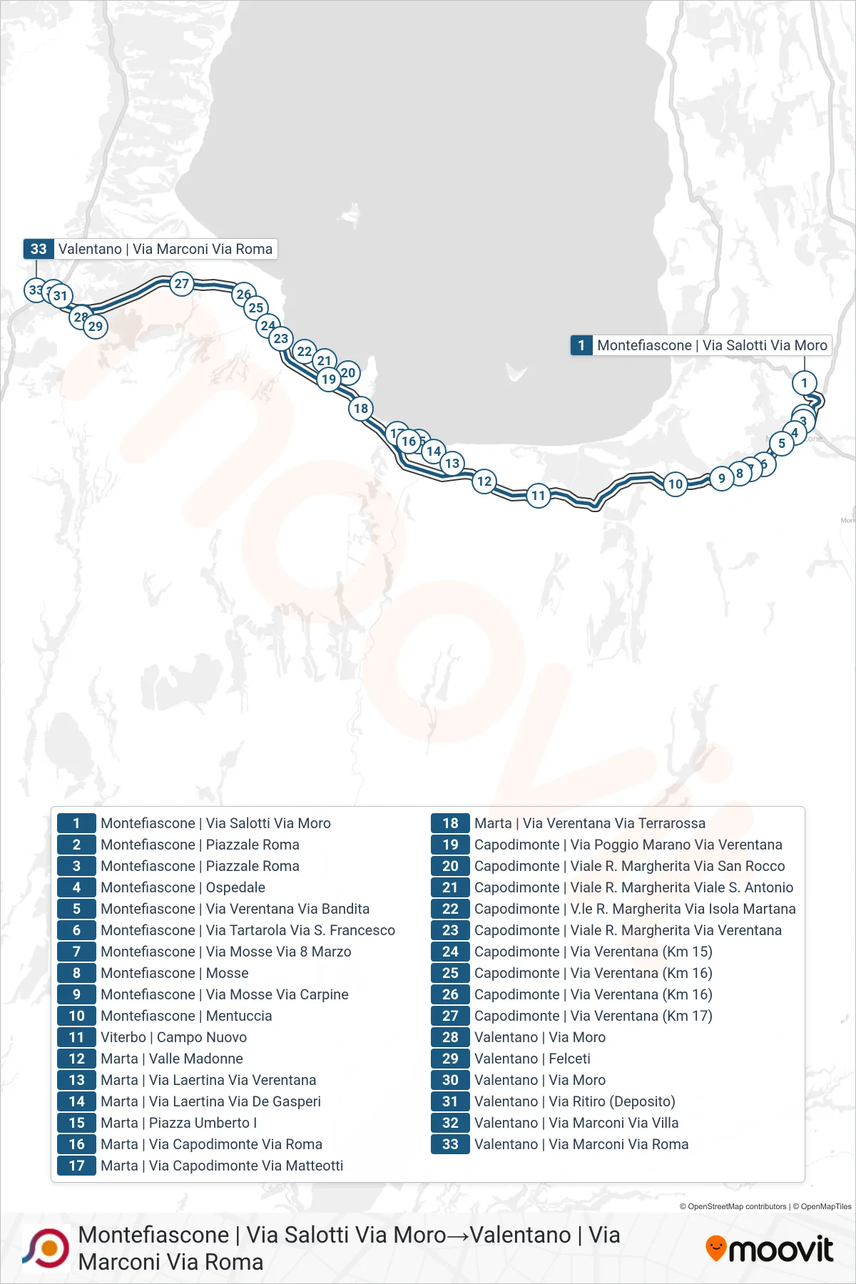 Linea COTRAL bus (Montefiascone | Via Salotti Via Moro→Valentano | Via Marconi Via Roma) - Percorsi e fermate sulla mappa