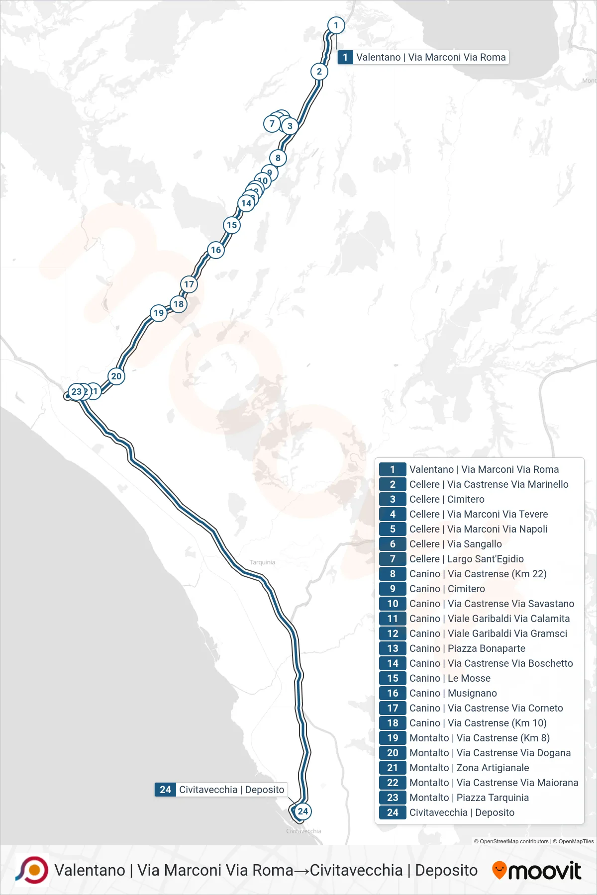 Linea COTRAL bus (Valentano | Via Marconi Via Roma→Civitavecchia | Deposito) - Percorsi e fermate sulla mappa