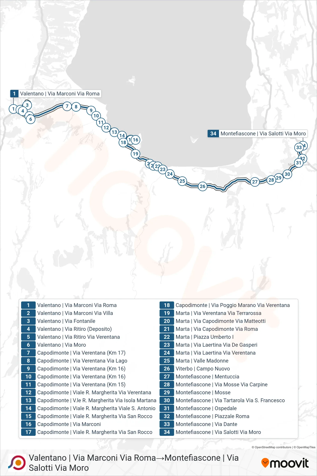 Linea COTRAL bus (Valentano | Via Marconi Via Roma→Montefiascone | Via Salotti Via Moro) - Percorsi e fermate sulla mappa
