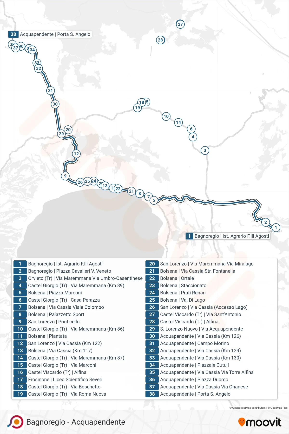 Linea COTRAL bus (Bagnoregio | Ist. Agrario F.lli Agosti→Acquapendente | Porta S. Angelo) - Percorsi e fermate sulla mappa