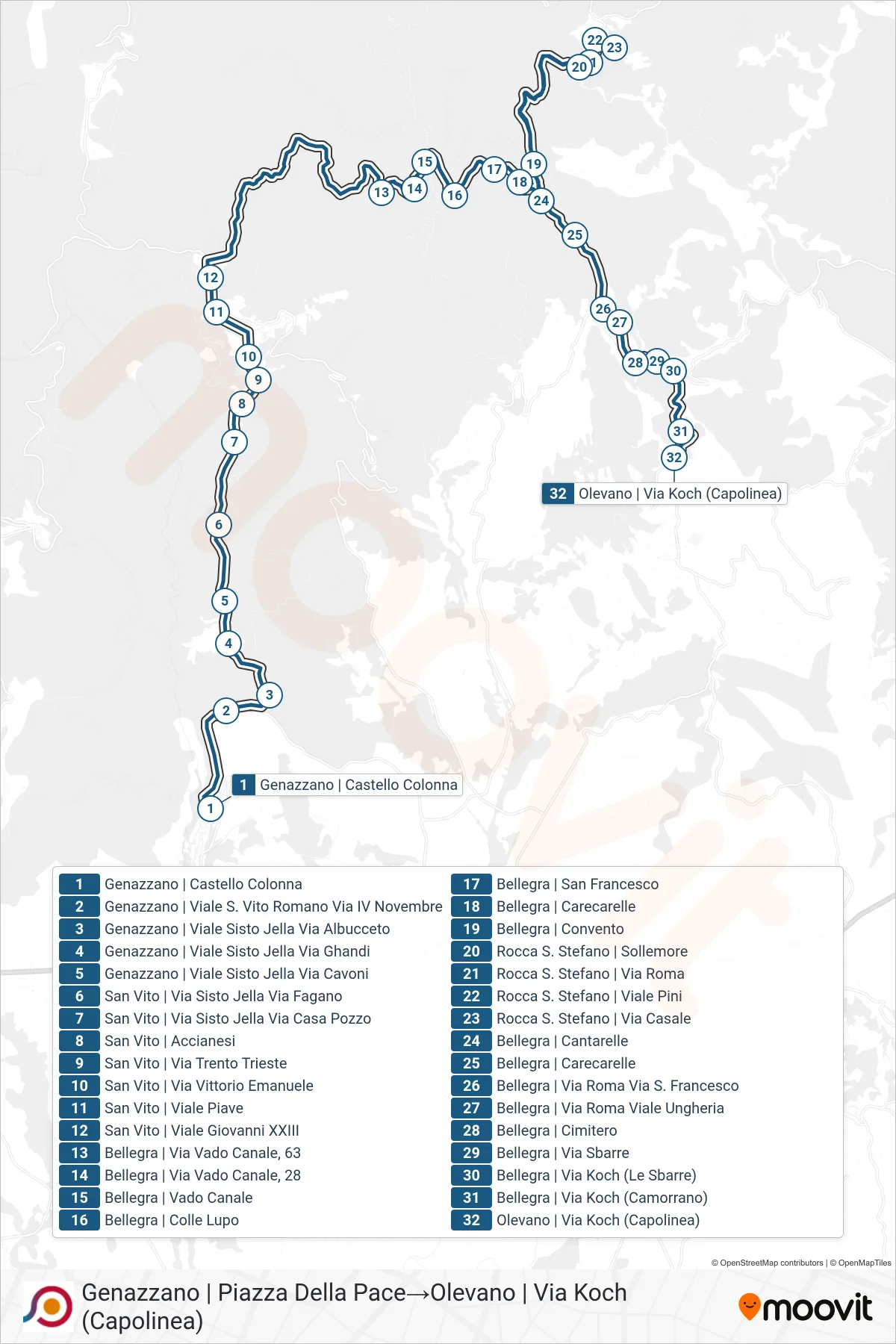 Linea COTRAL bus (Genazzano | Piazza Della Pace→Olevano | Via Koch (Capolinea)) - Percorsi e fermate sulla mappa