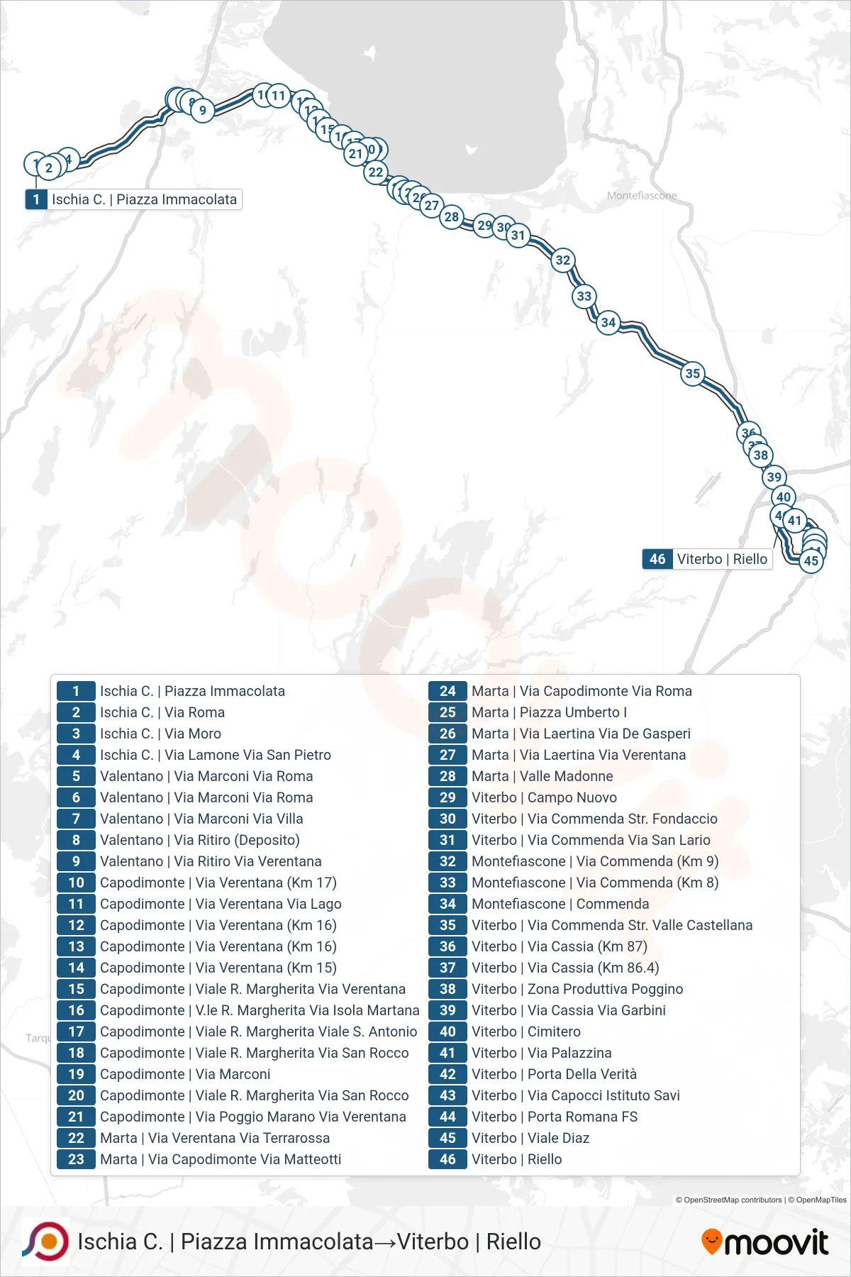 Linea COTRAL bus (Ischia C. | Piazza Immacolata→Viterbo | Riello) - Percorsi e fermate sulla mappa