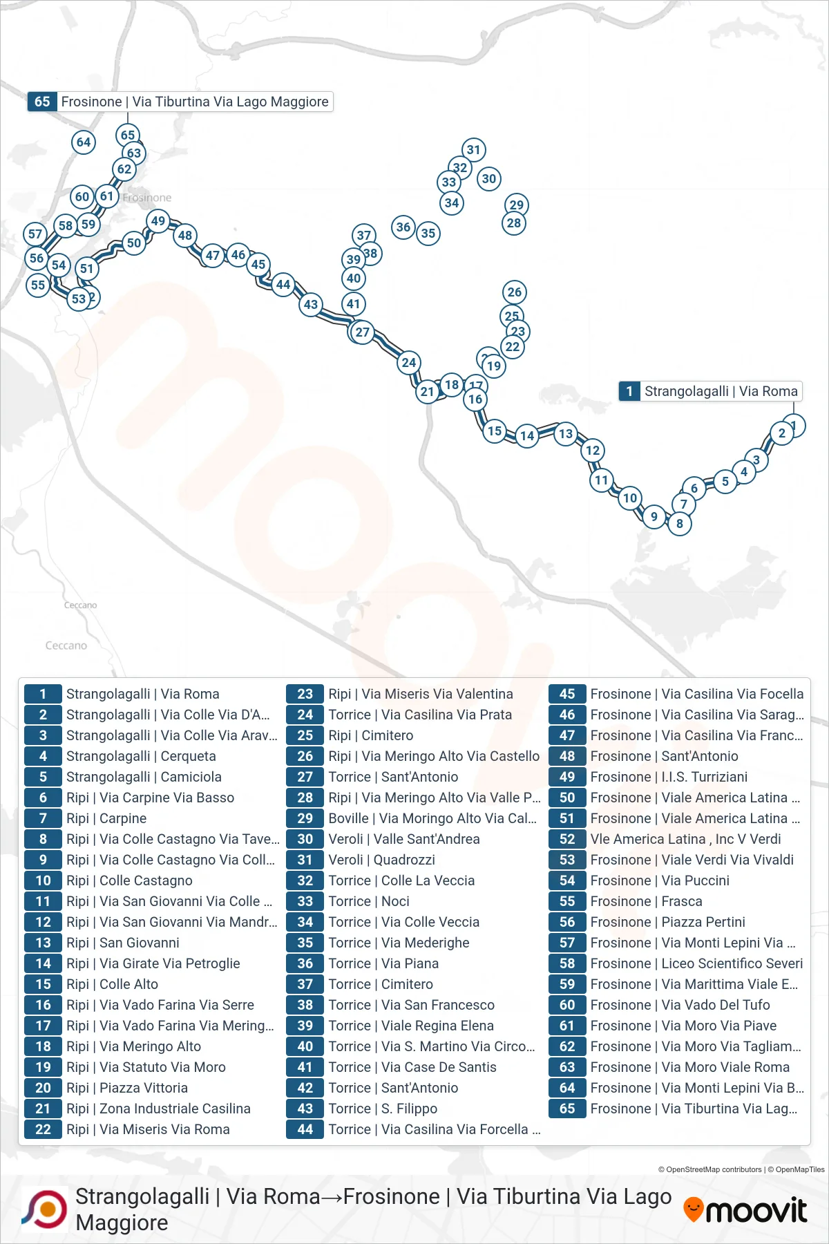 Linea COTRAL bus (Strangolagalli | Via Roma→Frosinone | Via Tiburtina Via Lago Maggiore) - Percorsi e fermate sulla mappa