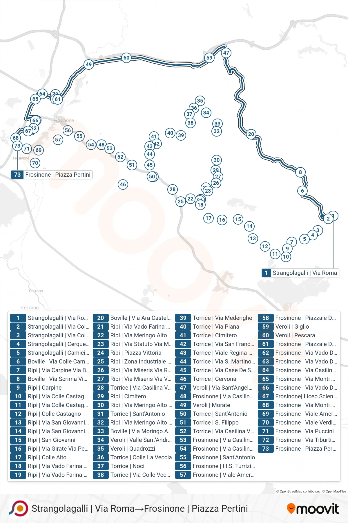 Linea COTRAL bus (Strangolagalli | Via Roma→Frosinone | Piazza Pertini) - Percorsi e fermate sulla mappa