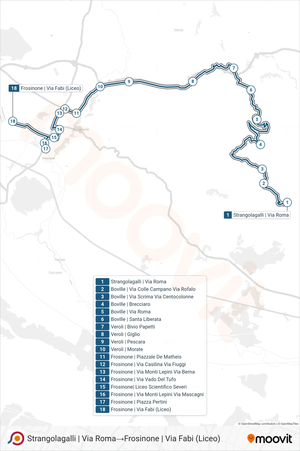 Linea COTRAL bus (Strangolagalli | Via Roma→Frosinone | Via Fabi (Liceo)) - Percorsi e fermate sulla mappa