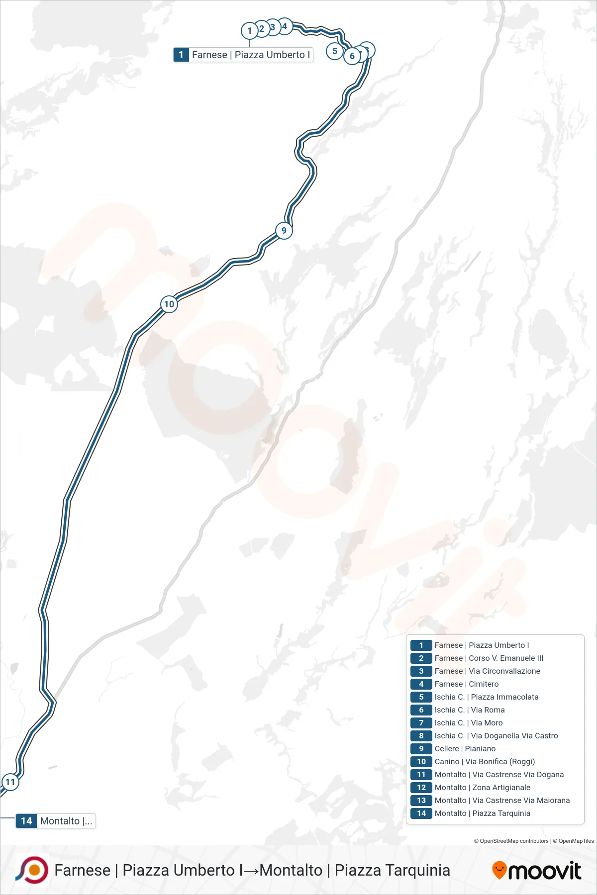 Linea COTRAL bus (Farnese | Piazza Umberto I→Montalto | Piazza Tarquinia) - Percorsi e fermate sulla mappa