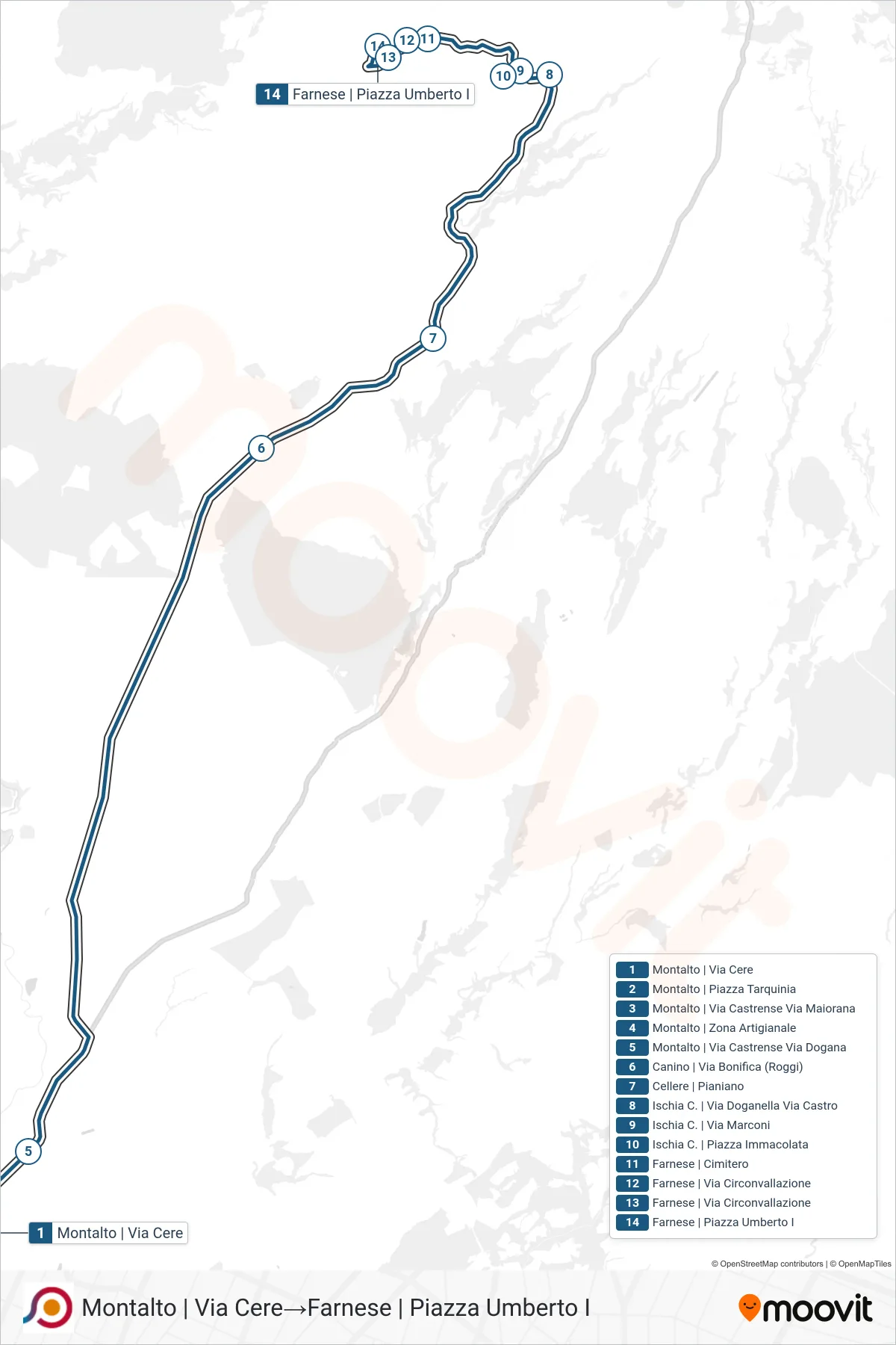 Linea COTRAL bus (Montalto | Via Cere→Farnese | Piazza Umberto I) - Percorsi e fermate sulla mappa