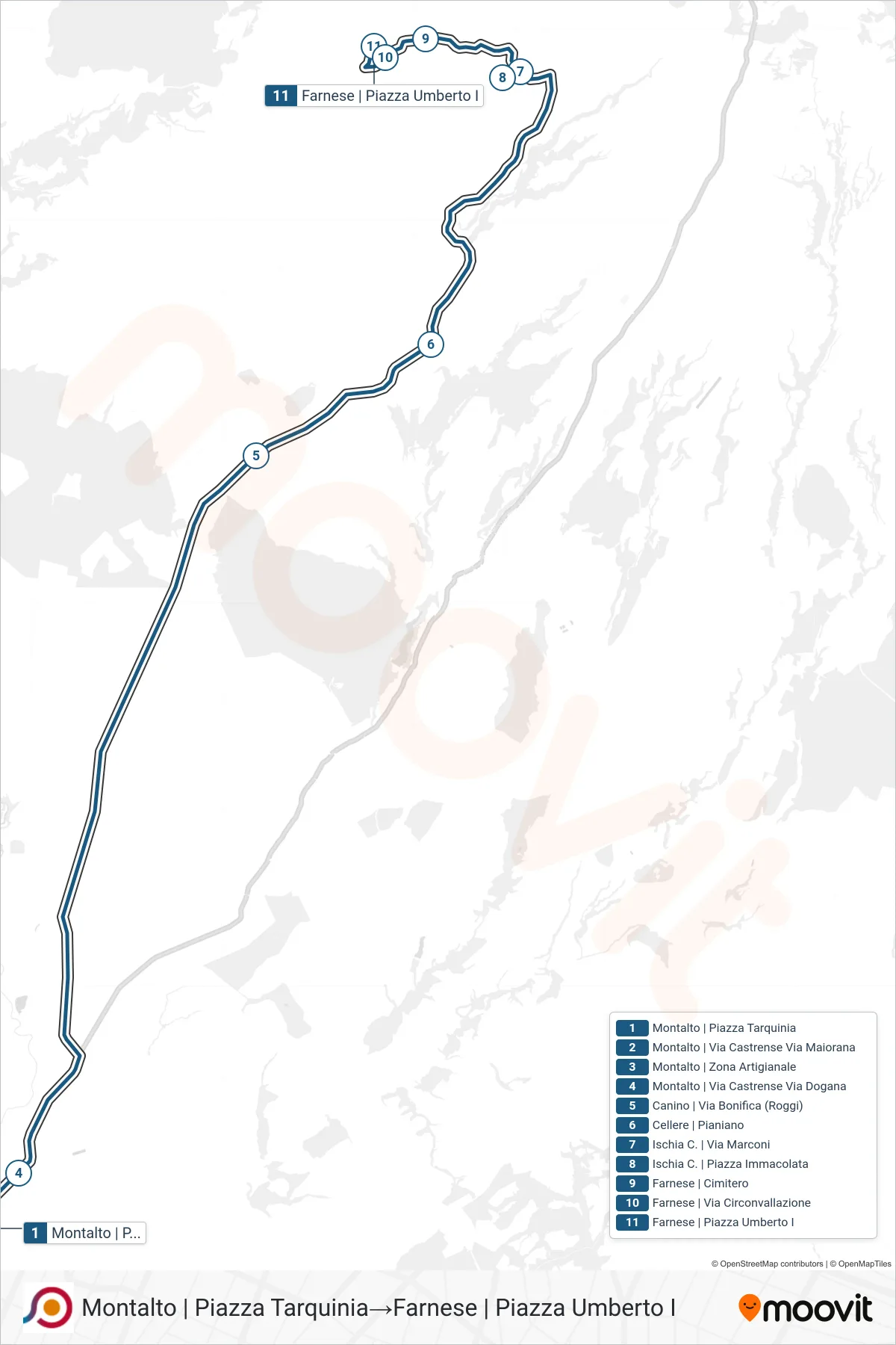 Linea COTRAL bus (Montalto | Piazza Tarquinia→Farnese | Piazza Umberto I) - Percorsi e fermate sulla mappa