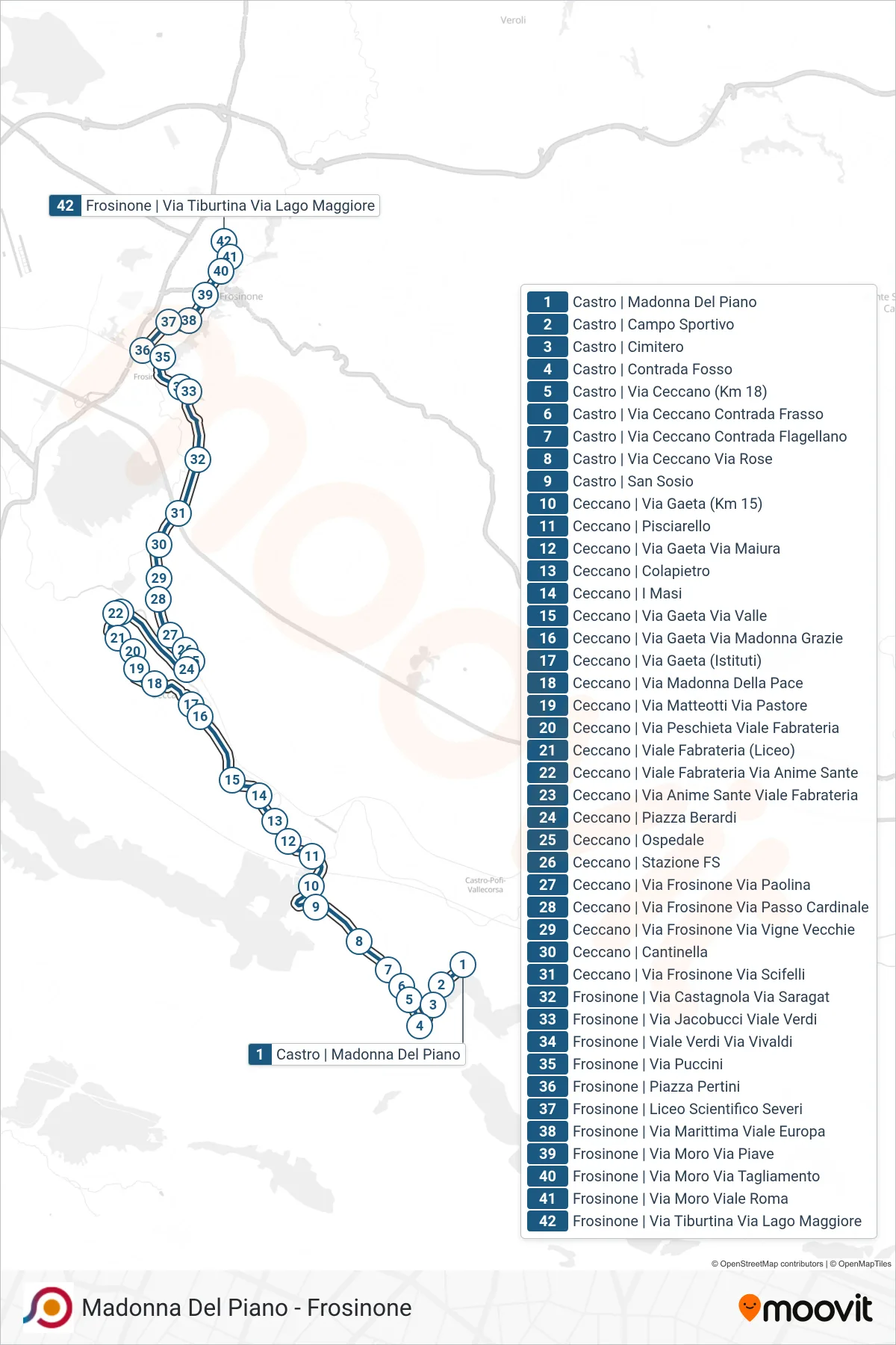 Linea COTRAL bus (Castro | Madonna Del Piano→Frosinone | Via Tiburtina Via Lago Maggiore) - Percorsi e fermate sulla mappa