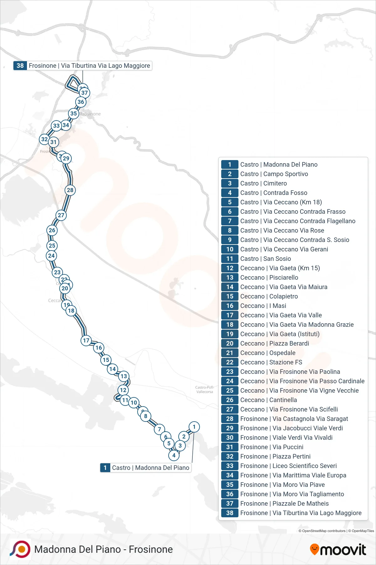 Linea COTRAL bus (Castro | Madonna Del Piano→Frosinone | Via Tiburtina Via Lago Maggiore) - Percorsi e fermate sulla mappa