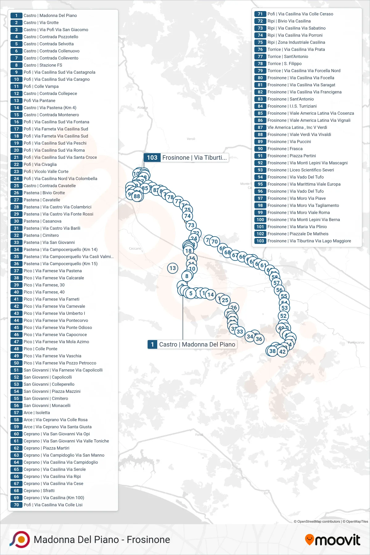 Linea COTRAL bus (Castro | Madonna Del Piano→Frosinone | Via Tiburtina Via Lago Maggiore) - Percorsi e fermate sulla mappa